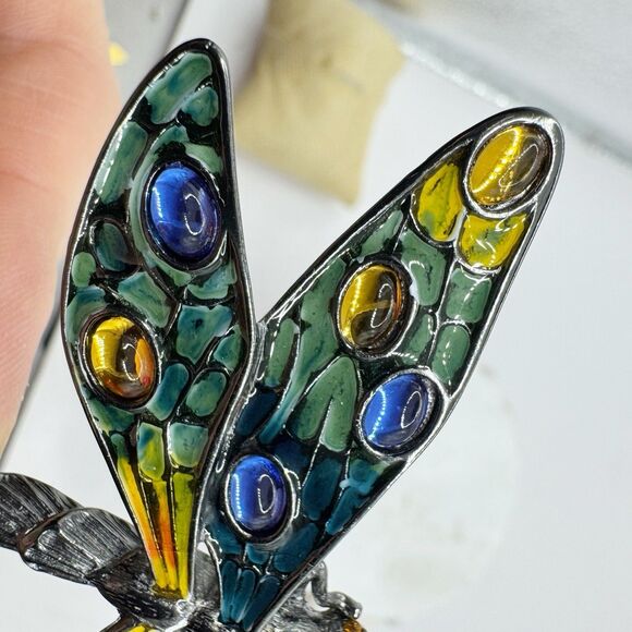 Erwin Pearl Colorful Dragonfly Brooch Enamel Gripoix Style Blue Green Insect Big - Picture 5 of 15
